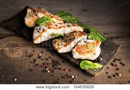 Grilled Turkey Fillet With Appetizing Roasted Crust Garnish Spinach