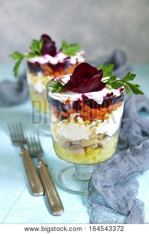 Traditional Festive Russian Herring Salad In A Glass.