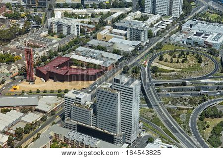 Melbourne Australia - February 2015: View from Eureka Tower observation deck (Eureka Skydeck 88) the highest public vantage point in a building in the Southern Hemisphere. Eureka Tower is designed by Fender Katsalidis Architects (FKA)