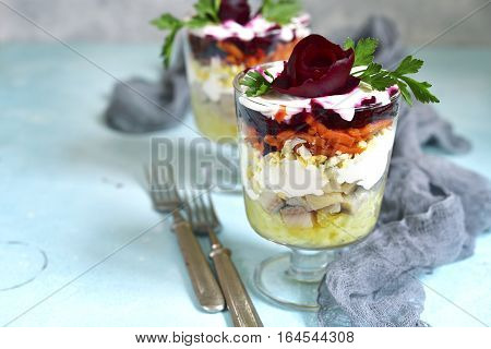 Traditional Festive Russian Herring Salad In A Glass.