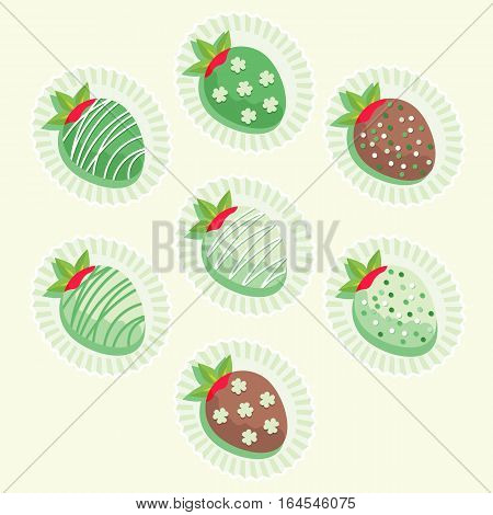 Cute St. Patrick's Day strawberries glazed with cream and chocolate in paper packaging.