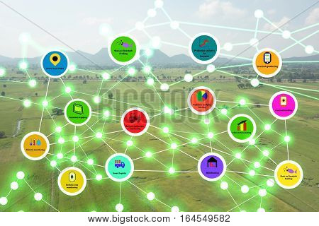 internet of things industrial agriculturesmart farming conceptsthe various farm technology in the futuristic icom on the field background ict(information communication technology)