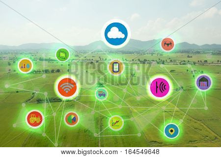 internet of things industrial agriculturesmart farming conceptsthe various farm technology in the futuristic icom on the field background ict(information communication technology)