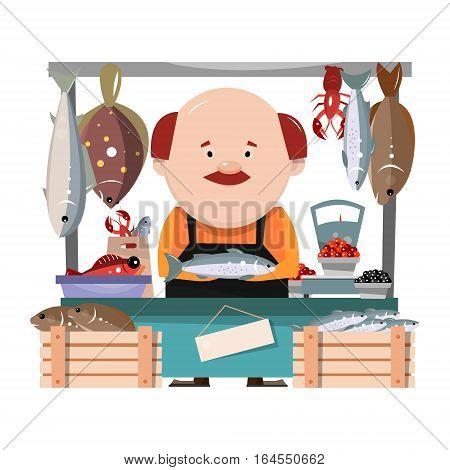 Fish seller in the market. The seafood shop. Vector illustration isolated on white background.