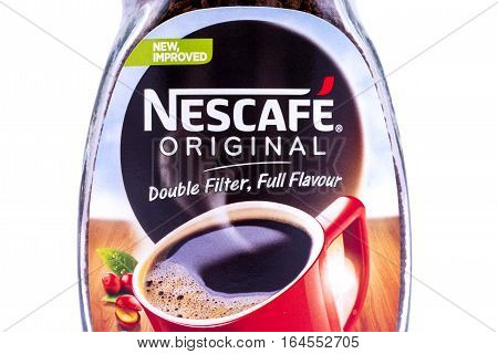 LONDON UK - JANUARY 4TH 2017: A close-up of the Nescafe label on a jar of Coffee on 4th January 2017. The Nescafe brand is owned by the Nestle company.