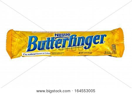 LONDON UK - JANUARY 4TH 2017: A studio shot of a Butterfinger chocolate bar isolated over a plain white background on 4th January 2017. The product is manufactured by Swiss company Nestle.