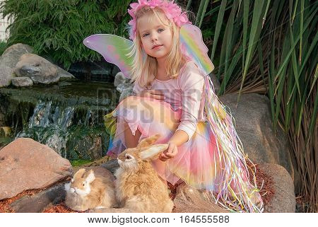 cute fairy girl with rabbits in rock garden