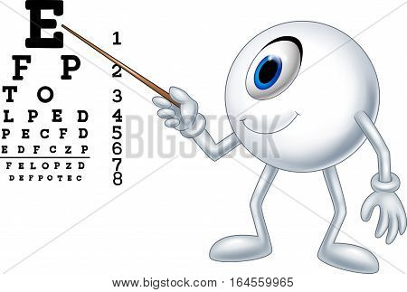Vector illustration of Cartoon eye ball optician pointing to Snellen chart