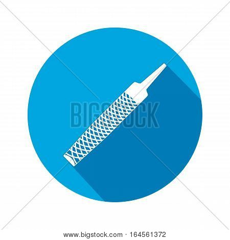 Tool icon. Chisel, rasp file, grater instrument. Industrial, fixing, support hardware service symbol. White sign on round blue flat button. Vector