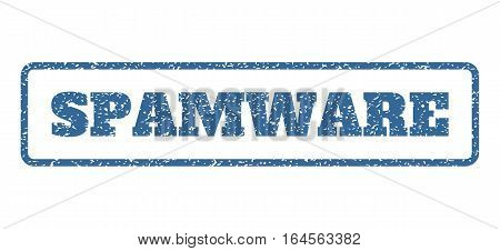 Cobalt Blue rubber seal stamp with Spamware text. Vector message inside rounded rectangular shape. Grunge design and scratched texture for watermark labels. Horisontal sign on a white background.