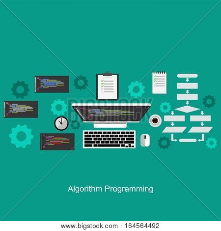 Algorithm programming concept. Flat design illustration concepts for analysis working brainstorming coding programming and planning.
