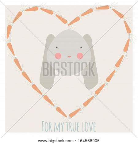 Valentine card with rabbit in carrot heart-shaped frame and inscription 