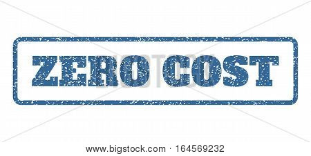 Cobalt Blue rubber seal stamp with Zero Cost text. Vector caption inside rounded rectangular shape. Grunge design and dirty texture for watermark labels. Horisontal emblem on a white background.