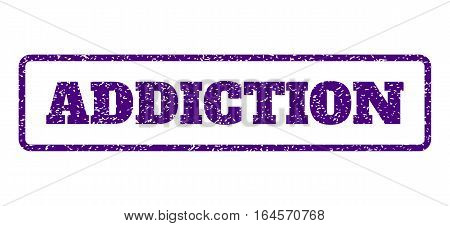 Indigo Blue rubber seal stamp with Addiction text. Vector message inside rounded rectangular frame. Grunge design and scratched texture for watermark labels. Horisontal emblem on a white background.