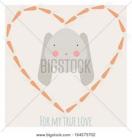 Valentine card with rabbit in carrot heart-shaped frame and inscription 