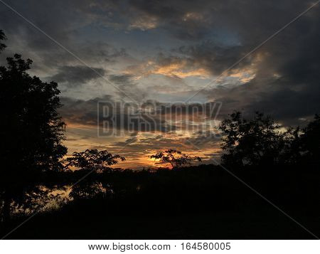 Sunset at natural park silhouette, Beautiful sky background