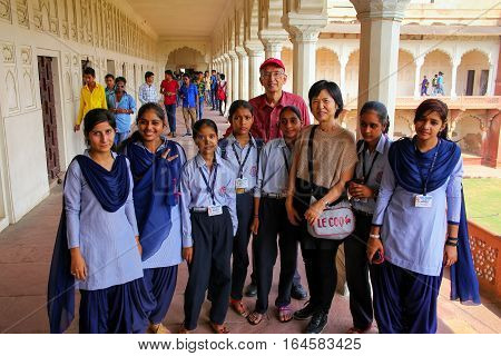 Agra, India - November 7: Unidentified People Stand In Colonade Walkway In Agra Fort On November 7,