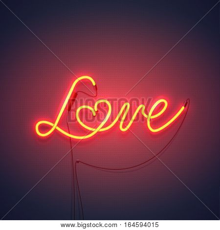 Neon sign, the word Love with heart on dark background. Design element for Happy Valentine's Day. Ready for your design, greeting card, banner. Vector illustration.