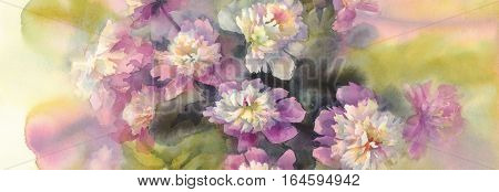 Bouquet of white and pink peonies watercolor illiustration. Wedding card. Summer bloom.