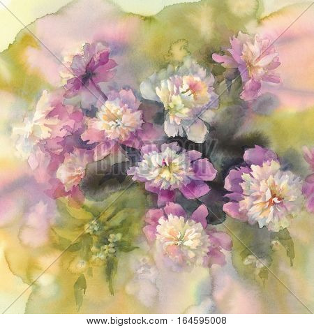 Bouquet of white and pink peonies watercolor illiustration. Wedding card. Summer bloom.