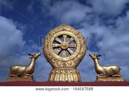 Dharmachakra is main Buddhist symbol on the roof of Jokhang Temple in Lhasa.