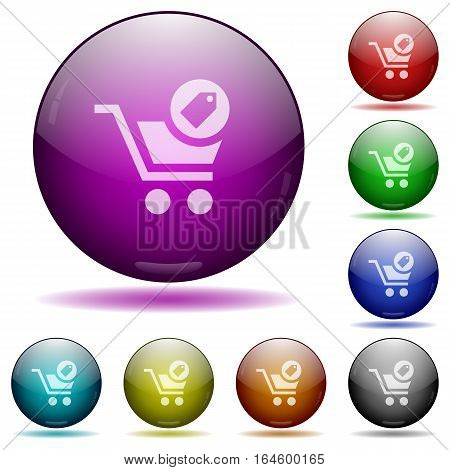 Product purchase features icons in color glass sphere buttons with shadows