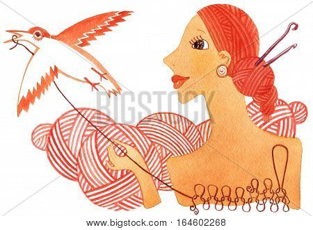 Humorous bird- knitting on a white background