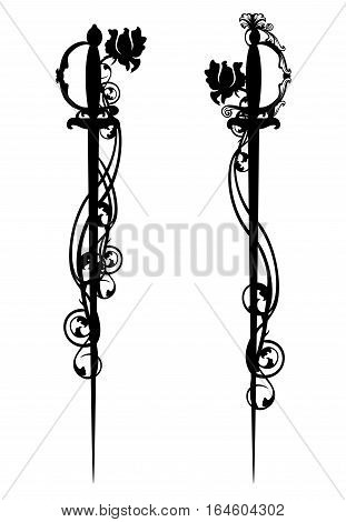 epee swords among rose flowers - black and white vector design
