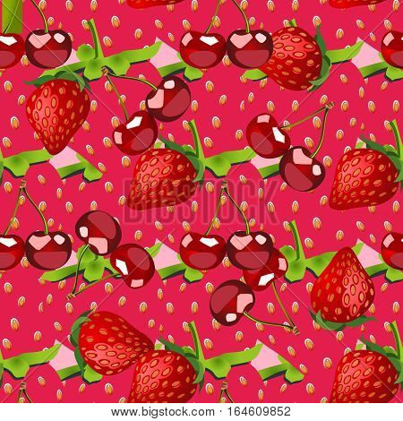 Berries pattern. Fruits sketch of fresh cherry and strawberry. Vector illustration