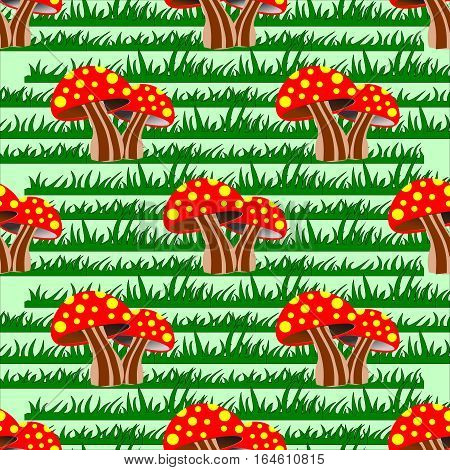 Autumn seamless pattern with mushrooms and grass. Vector illustration