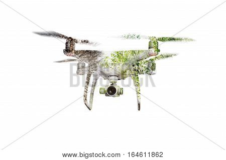 Double exposure. Hovering drone taking pictures of green trees. Aerial view. Isolated.