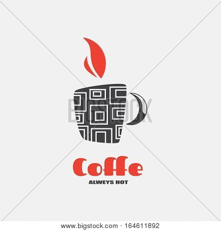 Black mug with squares and red flames. Illustration for design of your restaurant
