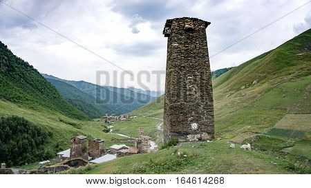 Ushguli, Georgia - August 2, 2015: Rock tower in Ushguli, Upper Svaneti, Georgia, Europe