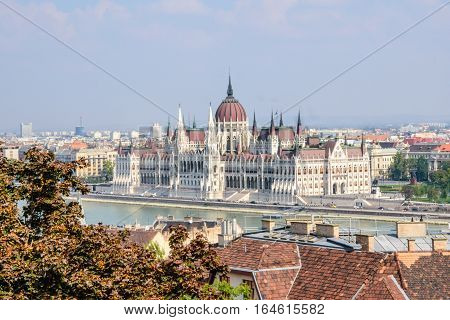 Building of Hungary Parliament in Budapest. View from Fisherman's Bastion. Danube river. Hungary