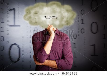 an IT guy with a cloud for a head and flying digital numbers, illustrating 'cloud computing'