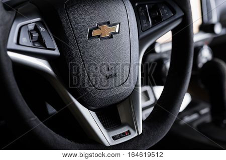 BANGKOK, THAILAND - AUGUST 30, 2016 : Closeup of Chevrolet logo on steering wheel of Chevrolet Camaro ZL1 2015 model