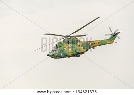 Bucharest, Romania - July 30, 2016. Iar Puma Elicopter Flying In The Sky, Stunt Aerobatic