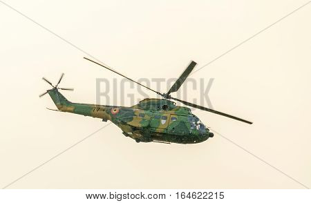 Bucharest, Romania - July 30, 2016. Iar Puma Elicopter Flying In The Sky, Stunt Aerobatic