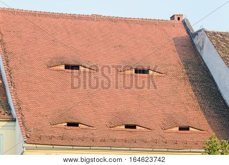 Roof Red Tiles With Eye Windows, Abstract, Texture Outdoor Close Up