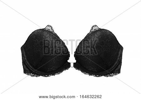 Black lacy strapless push up bra isolated over white