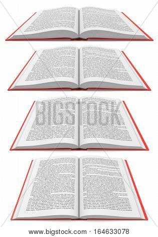 Open books in different perspectives on white background, 3d illustration