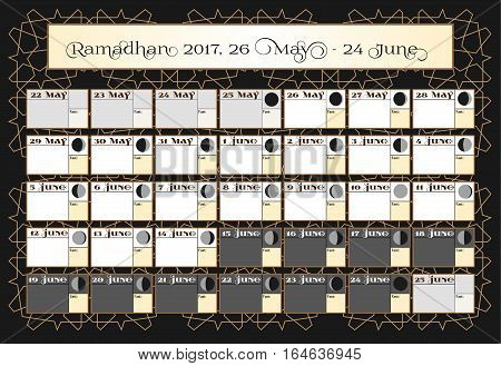 Ramadan calendar 2017, 26th June. Check date choice. Includes: fasting tick calendar, moon cycle - phases, 30 days of Ramadan on black background with Islamic pattern. Vector illustration.