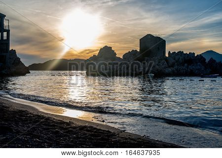Summer sunset in Przno bay in Montenegro