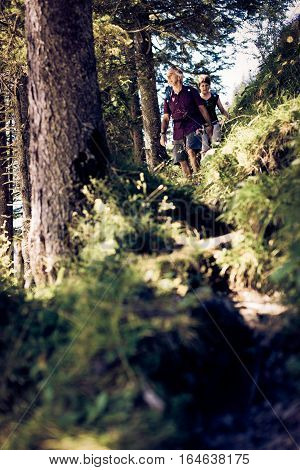 A senior couple is hiking through the forest.