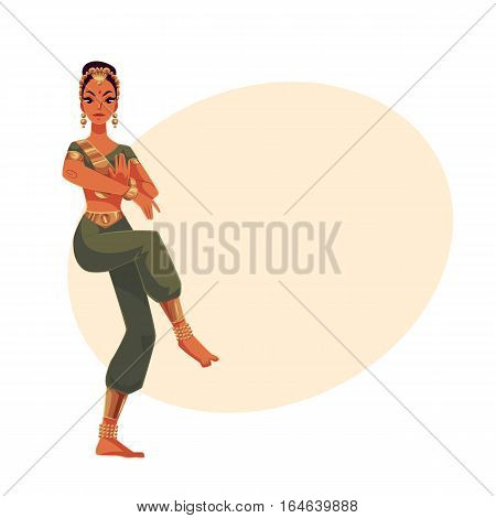 Indian female dancer in traditional costume, cartoon vector illustration on background with place for text. Traditional Indian female dancer in sari, national costume, Bollywood performer