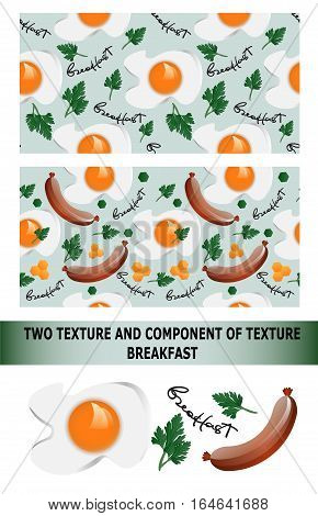 Breakfast Poster. Fried eggs and sausage on pan. Vector illustration.