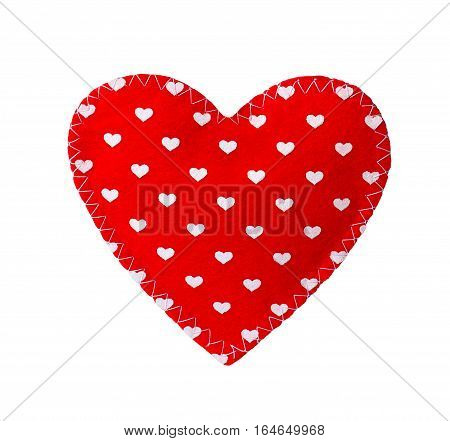 sewn heart isolated on white background. Valentine theme - red felt heart with. Valentine's day gift fabric heart. Decorative textile heart isolated on white