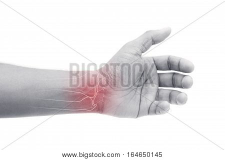Man massaging painful wrist on a white background. Pain concept