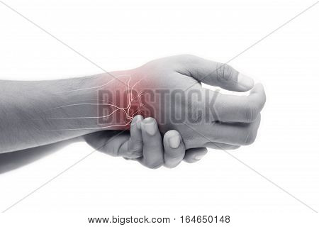 Man massaging painful wrist on a white background. Pain concept