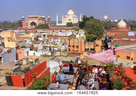 Agra, India - January 28: View Of Taj Mahal From The Rooftop Restaurant In Taj Ganj Neighborhood On